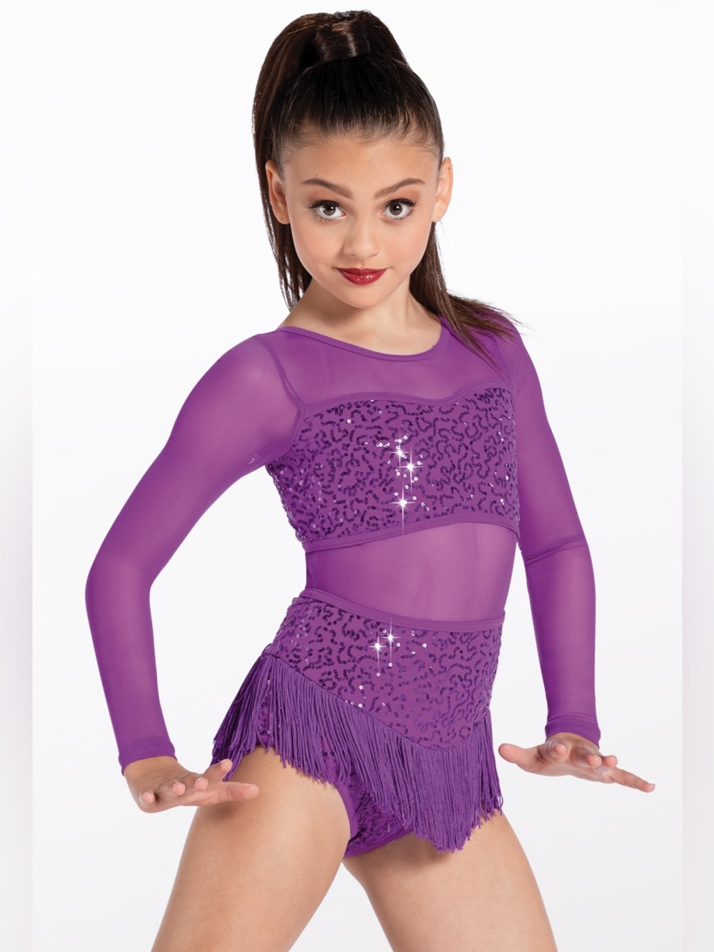 Weissman Elite Tell Me You Love Me Purple Sequin Mesh Dance Set with Fringe